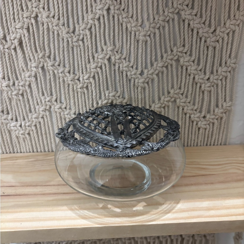 Vintage 1989 Metzke pewter potpourri jar lid (w/ jar) Made in USA